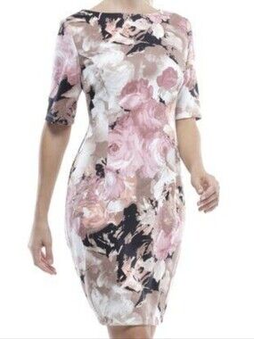 NorthStyle Pink and Beige Floral Midi Dress. London Times - Elbow Sleeve Floral.